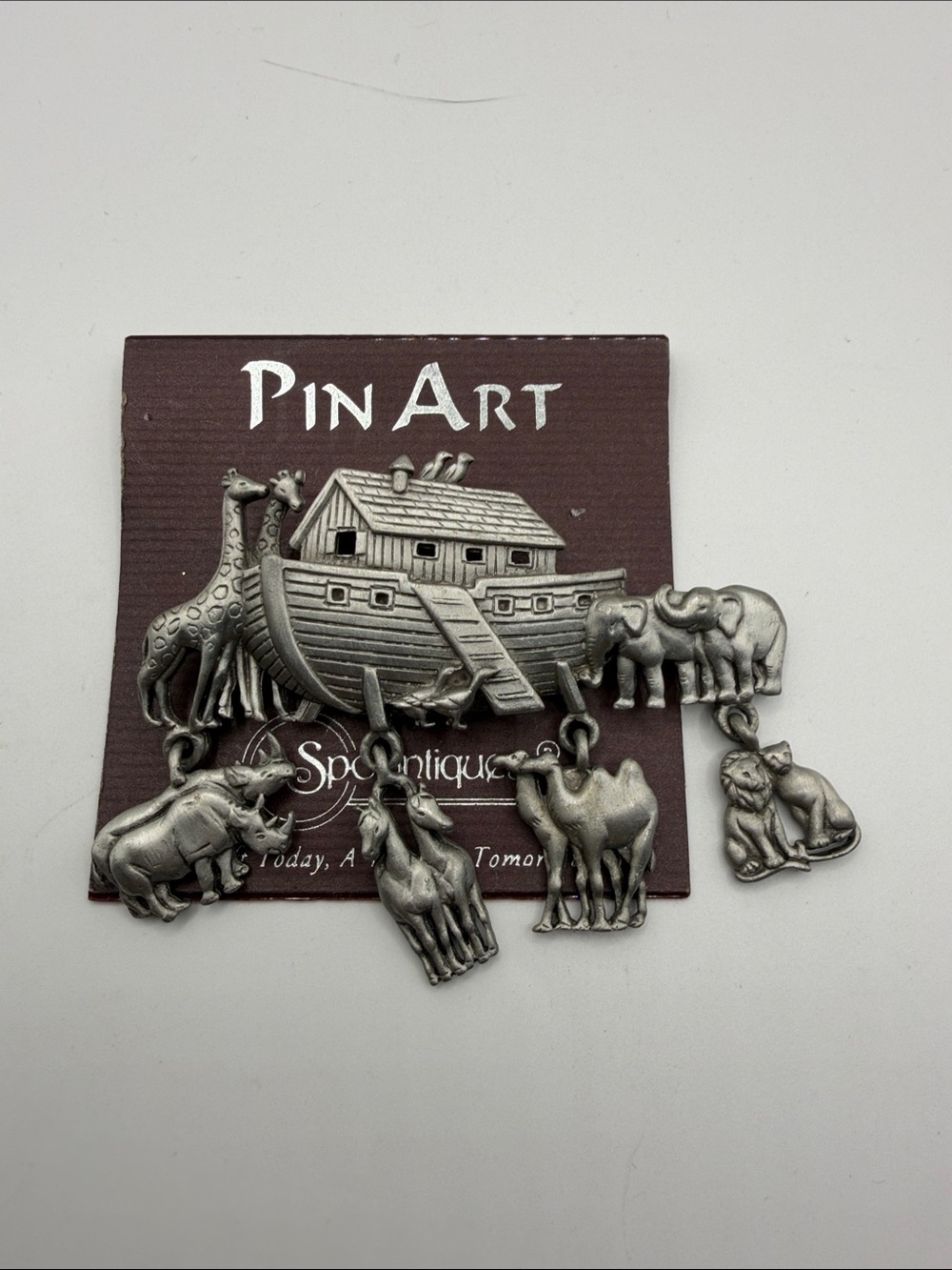 Vintage JJ Jonette Noah’s Ark Brooch Pewter Dangling Animal Pin